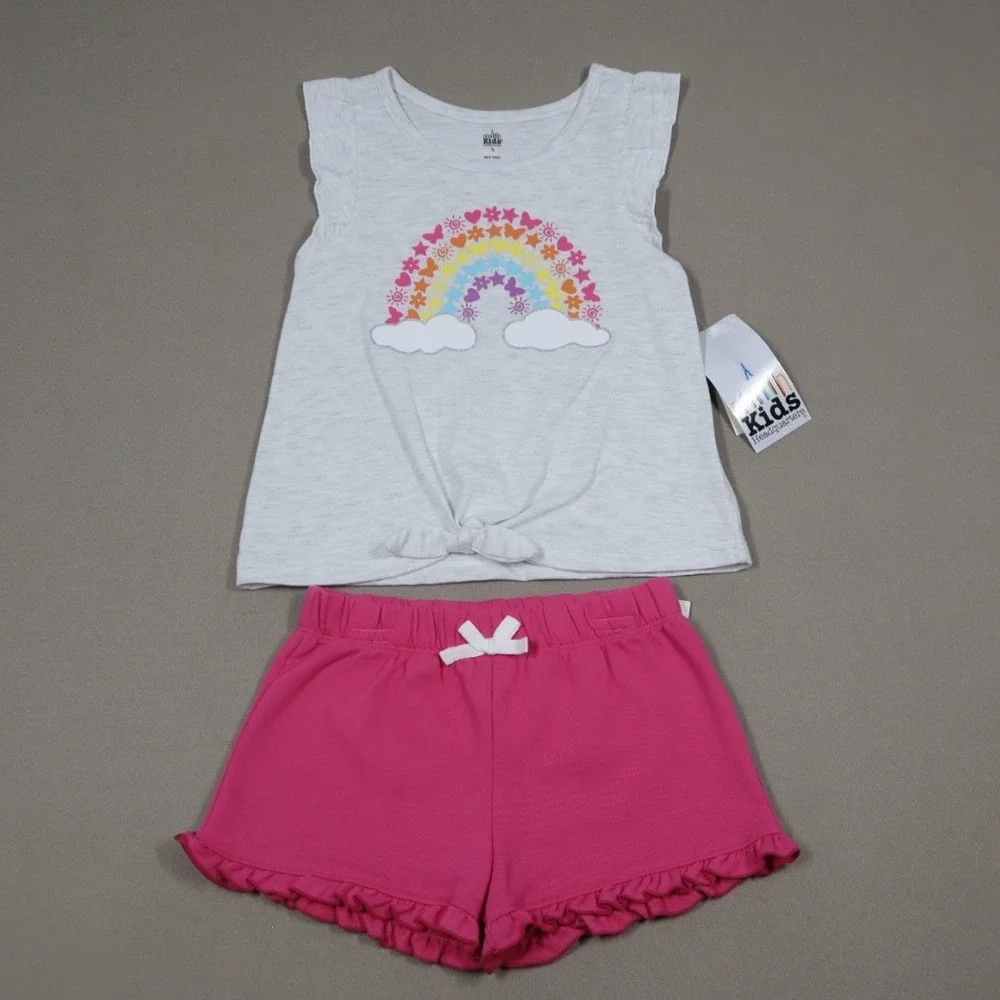Kids Headquarters Girls Flutter Sleeve Rainbow T-shirt‎ and French Terry Shorts